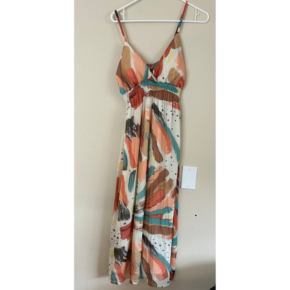 EUC She's Cool Y2k Boho Blue Coral Pattern V Neck Summer Maxi Dress Size XL